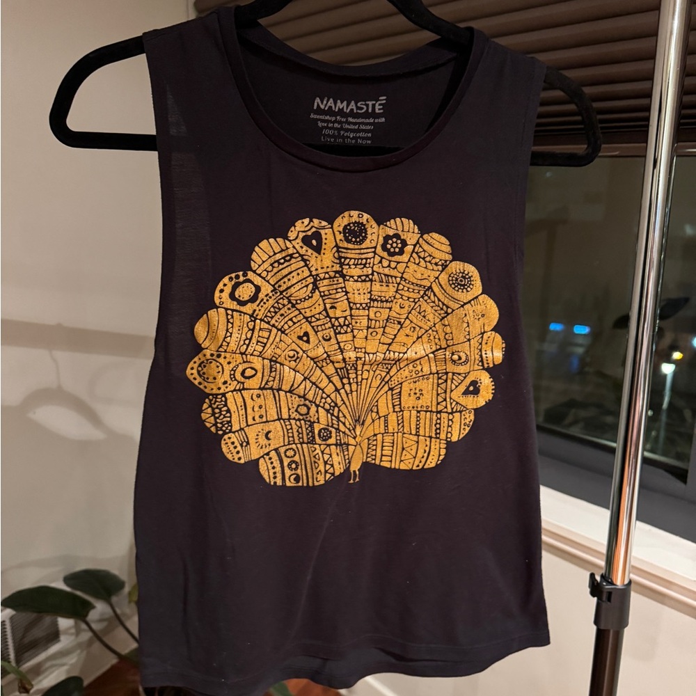 Black Tank with Gold Graphic Crop Design
